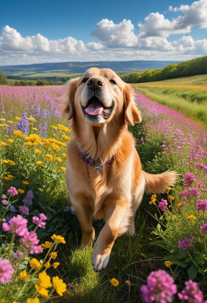 A joyful dog running through a sunlit field, wagging its tail, surrounded by colorful flowers. The scene captures a photographer kneeling with a camera, focusing on the dog's playful energy. Include a picturesque landscape in the background with a blue sky. This image conveys happiness and connection between dogs and their owners. super-realistic. vibrant colors. 3D.
