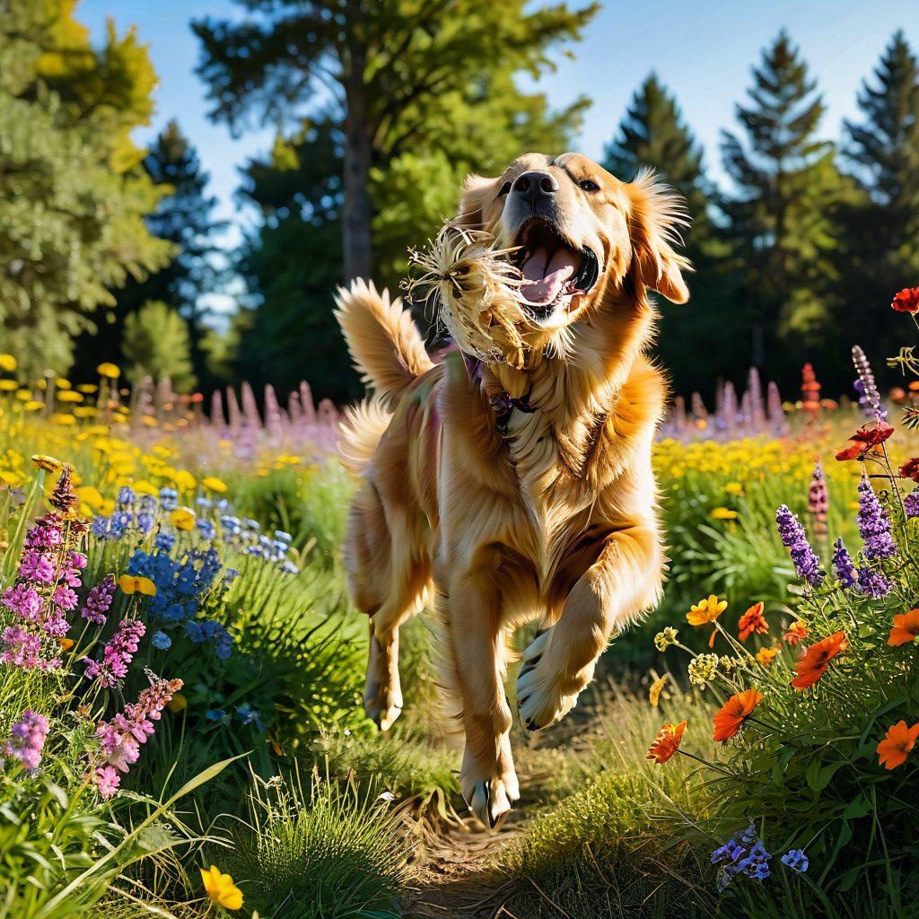 A playful golden retriever leaping through a field of colorful wildflowers, with a camera capturing the joyful moment. Soft sunlight filters through the trees, illuminating the dog's fur and the vibrant flowers. In the background, a family is laughing and playing, creating a warm and inviting atmosphere. Include some whimsical details like butterflies fluttering around and a scenic landscape. super-realistic. vibrant colors. warm tones.
