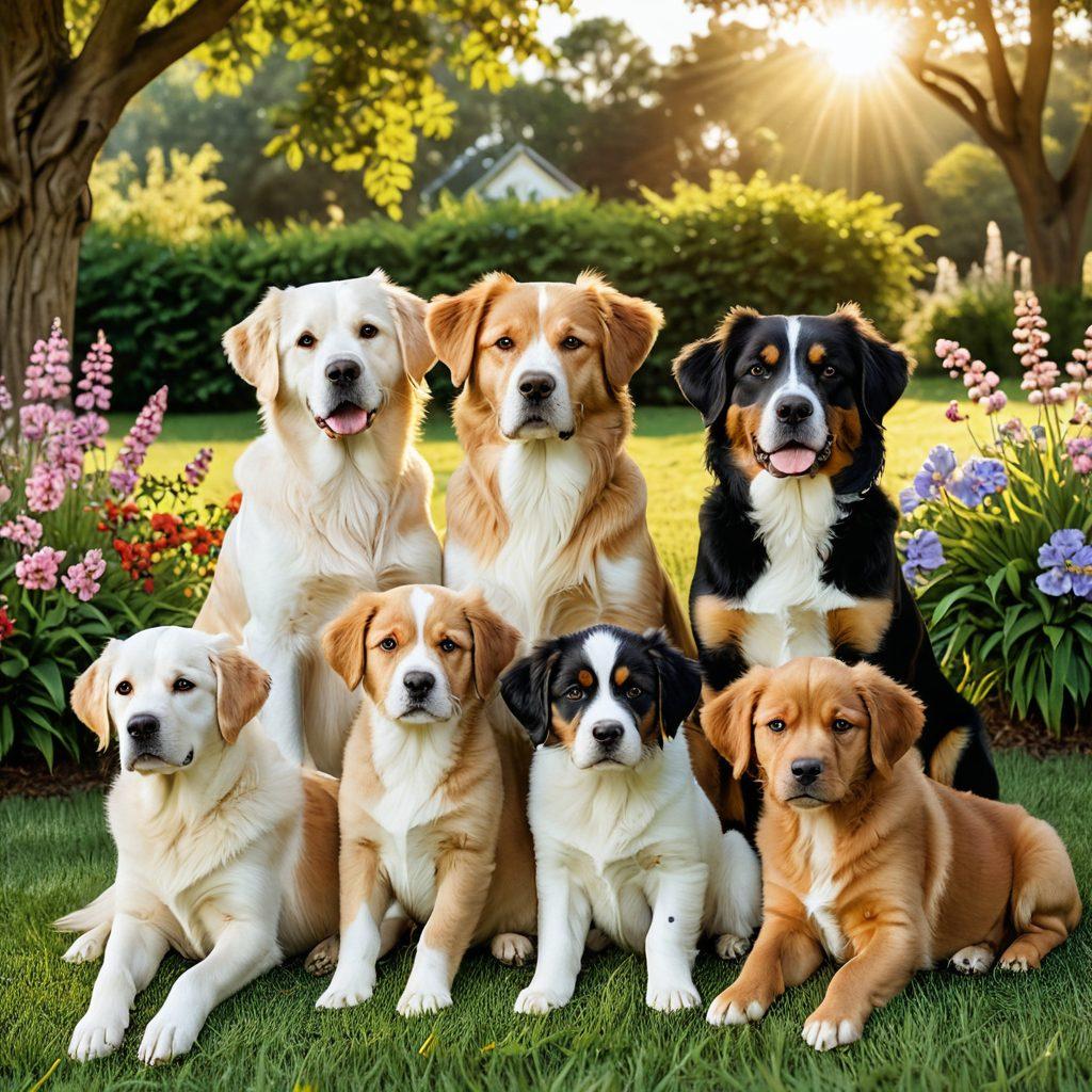 A beautifully composed photo showcasing a variety of dog breeds in a picturesque outdoor setting, capturing both playful puppies and elegant adult dogs. The background features lush green grass and vibrant blooming flowers, highlighting the joy of canine companionship. Natural sunlight illuminates the scene with soft golden hues, enhancing the charm and character of each dog. Create an inviting atmosphere that reflects the essence of canine photography. super-realistic. vibrant colors. high-definition.